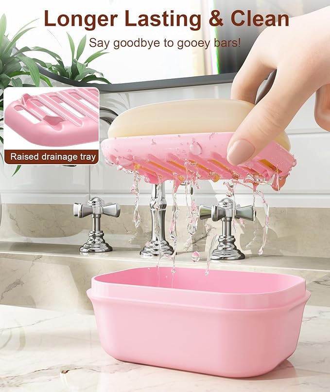 Quatish Leakproof Soap Dish with Lid & Draining Layer, Shatterproof Travel Bar Soap Holder Case Container, Portable Travel Size Toiletries Essentials for Camping, Gym, Bathroom, Pink