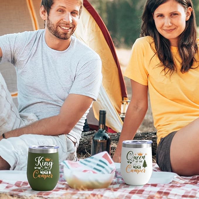 Lifecapido Camping Gifts, Queen of The Camper and King of The Camper 12oz Wine Tumblers Set, Camper Gifts Holiday Gifts Birthday Gifts Christmas Gifts for Capmer (2 Pack, White and Army Green)