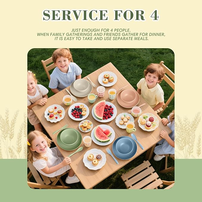 Wrova Wheat Straw Kids Plates and Bowls Sets,Unbreakable Kids Dinnerware sets with Flatwares,Lightweight Reusable Camping Plates and Bowls Sets.Nordic Series