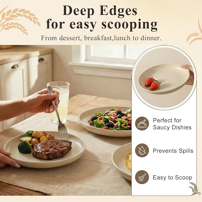 Kitchen Plates Set for 8, Wheat Straw Plate 8 Inch, Unbreakable & Lightweight Plastic Plates, Microwave and Dishwasher Safe Serving Plate for Camping, School, Dorm - Beige