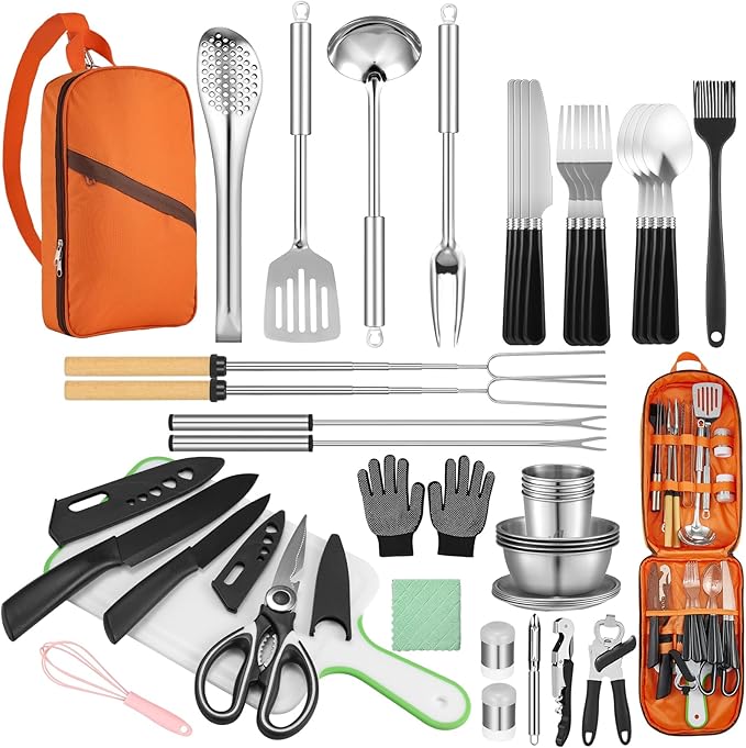 Hozzen Camping Cooking Set - Camping Utensil Set Car Camping Cooking Essentials Gear for Camp Kitchen Cooking and Grilling, Stainless Steel & Silicone Ideal Gift for RV Tent Camper, Picnics, BBQs