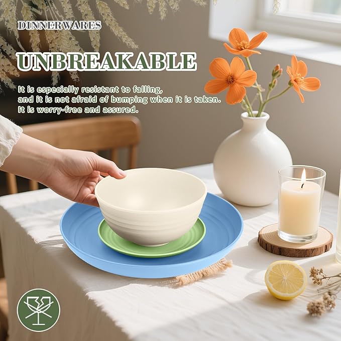 Wrova Wheat Straw Dinnerware Set of 32, Unbreakable Dinner Plates and Bowls Sets Service for 8, Microwave & Dishwasher Safe Dishes Set for Kitchen and Dining.Nordic Series