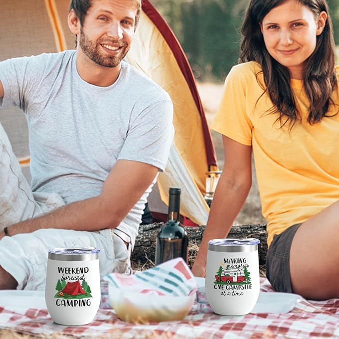 Lifecapido Camping Gifts 2 Pack Stainless Steel Wine Tumblers, Camper Holiday Birthday Christmas Gifts for Women Men Capmer RV Campers (12oz, White)