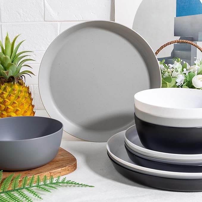 EI 12pcs Wheat Straw Plates,Wheat Straw Dinnerware Set,Plate and Bowls Sets,Plastic Plates Reusable-White,Black,Grey,Dark Grey,Dinner Plate Set of 4 Kitchen,Picnic