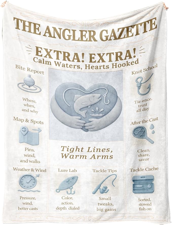Fishing Throw Blanket 60x50 Flannel Fleece, Vintage Fishing Newspaper Style, Blue Ivory — Fish Throw Blanket for Dad Men Boys — Lake House & Cabin Decor Gift