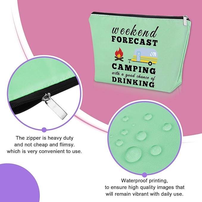 Sazuwu Funny Camping Gifts for Women Green Makeup Bag Happy Camper Birthday Gifts Camping Themed Gifts for Adults Cosmetic Bag Camper Accessories for Travel Trailers Christmas Graduation Gift