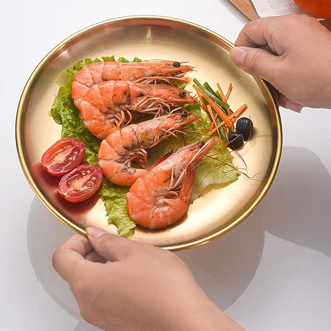 Stainless Steel Gold Plates 2 Set Round Dinner Dishes 8 Inch Metal Plates Great for Picnic,Outdoor Camping Plate,Shatterproof, Dishwasher Safe