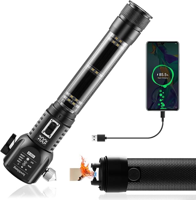 18-in-1 Solar/USB Rechargeable Car Emergency Flashlight Tool - Auto Safety Hammer Glass Breaker, Seatbelt Cutter, Flameless Fire Starter, SOS Alarm, Power Bank, Survival Gear, Driver Gifts