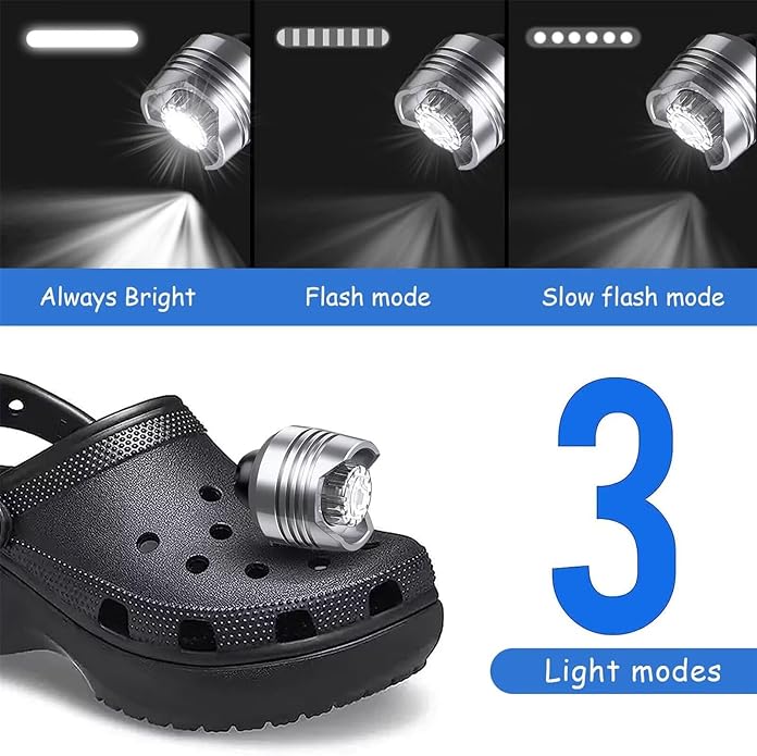 Rechargeable Headlights for Clog 2PCS, Flashlight Clog Charm Attachment Accessories for Shoes with 3 Light Modes for Dog Walking, Camping, Running, Suitable for Adults Kids Boys Girls Men Women