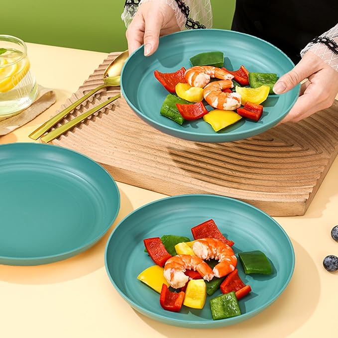 Wheat Straw Plates, Unbreakable Dinner Plates Set of 4, 8 Inch Plastic Plate Reusable, Dishwasher & Microwave Safe, Lightweight Salad Plates for Camping/Kitchen (Dark Green)