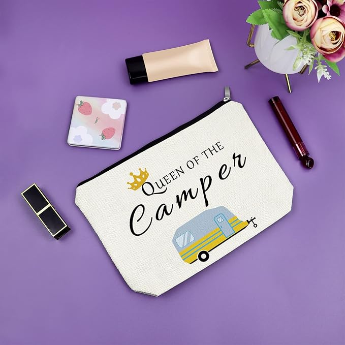 Sazuwu Happy Camper Gift Makeup Bags Camping Lover Gifts for Women Friend Cosmetic Bag Family Vacation Gift Ideas Mother's Day Gift Cute Motorhome Outdoor Gifts Birthday Christmas Gifts Travel Bag