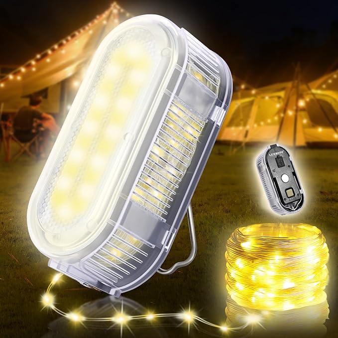 Camping String Lights for Camping Essentials Gear Waterproof, 21ft Hanging Lamp 3000LM for Outdoor Camping Awning Accessories, 2025 Upgraded LED Rechargeable Tent Rope Lights for Camper Decor (White)