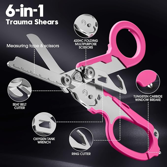 Lemasa-6in1 Multi functional Trauma shears, Foldable trauma shear, Nurse's Multi functional Emergency Scissors, Outdoor Tactical Scissors, Pink Trauma shears, Comes with Adjustable Wrench (Pink)