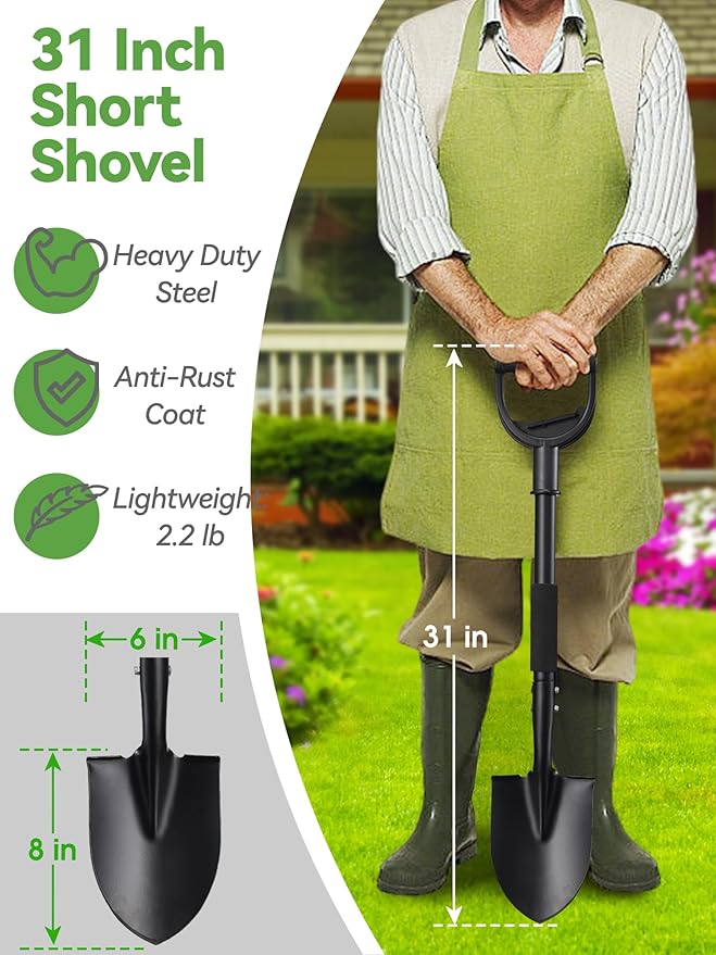 Shovel, Garden Shovels for Digging Gardening Heavy Duty, 31 inch Small Short Metal Shovel with D-Handle, Sharp Round Point Blade, Comfort Grip, Camping, Off Road, Soil, Kids Sand Beach Mini Spade Tool