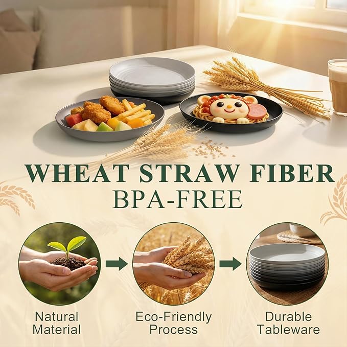 Small Plastic Plates Set for 8, Unbreakable Wheat Straw Plates 8 Inch, Kitchen Plates for Holiday, Party, RV, Microwave Safe Plate for Salad, Fruit, Bread - BlackGrey