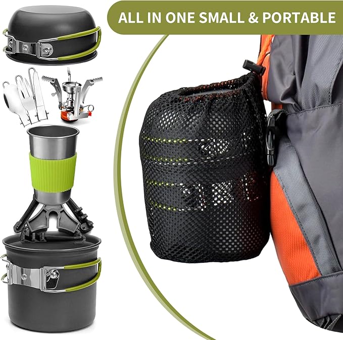 aiGear 8pcs Camping Cookware Mess Kit, Camping Pot and Pan Set with Mini Backpacking Stove, Stainless Steel Cup, Spork and Tank Bracket, Cooking Gear for Hiking Camping Outdoor Picnic