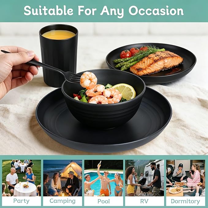 PYRMONT Dinnerware Set Wheat Straw Bowls and Plates Set Unbreakable Kitchen Dishes Service for 4 Microwave & Dishwasher Safe Plastic Dish Set for Camping,RV,Picnic-Black