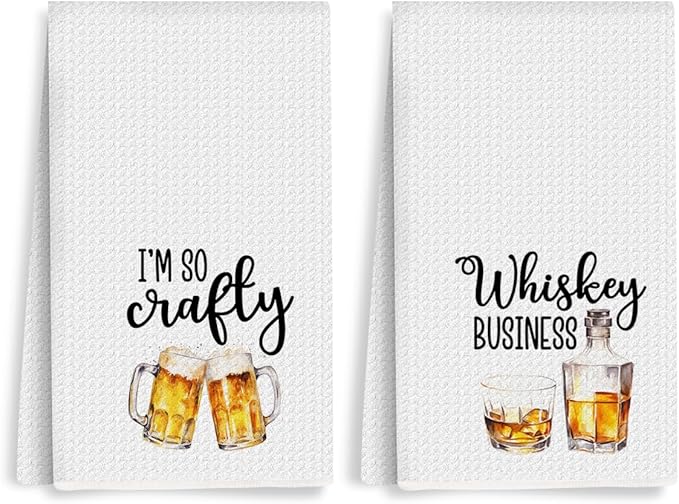 2Pcs Funny Kitchen Towels 24x14 Inch, Beer Whiskey Alcohol Decor Waffle Weave Hand Towels for Kitchen Bar, White Absorbent Microfiber Dish Cloth Tea Towel Housewarming Gifts for Women Hostess