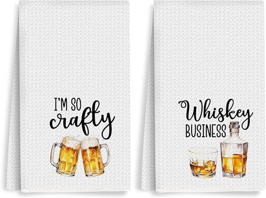 2Pcs Funny Kitchen Towels 24x14 Inch, Beer Whiskey Alcohol Decor Waffle Weave Hand Towels for Kitchen Bar, White Absorbent Microfiber Dish Cloth Tea Towel Housewarming Gifts for Women Hostess