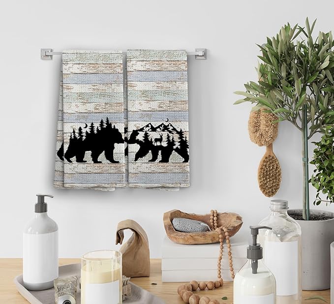 Wild Animal Kitchen Towels, Camping Gifts, Bear Dish Towel, Rustic Forest Bathroom Decor, Art Prints, Gifts for Friends Women Men, Set of 2, 16x24