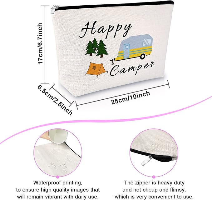 Sazuwu Camper Gifts for Her Makeup Bag Camping Lover Gifts for Women Happy Camper Themed Gifts Cosmetic Bag Funny Camping Gifts for Adults Girls Trip Gifts Vacation Gifts for Friends Travel Pouch