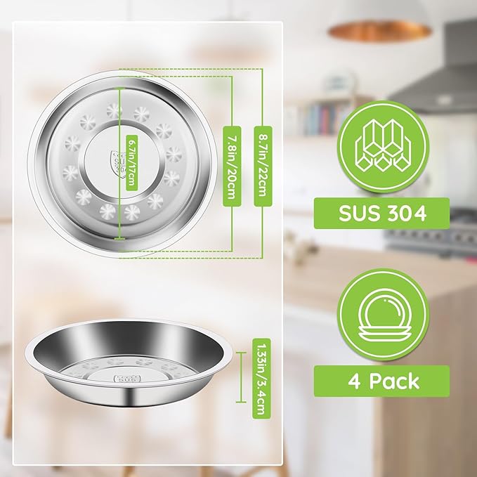 4 Patterned Deep Stainless Steel Plates, 7.8 inch 304(18/8) Metal Camping Plate, Reusable Food Serving Snack Eating Dishes Round Shatterproof Silver BBQ Dinner Dinnerware Oven Dishwasher Safe