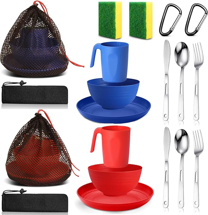 Scout Camping Mess Kit for Person Boy Scout Dishes Set Girl Scout Mess Kit with Mesh Bag Reusable Light Weight Eating Utensils Plastic Camping Cutlery Set for Travel Camp