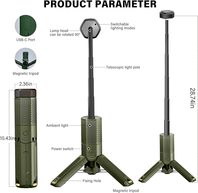 Telescopic Portable Camping Light with Stand - 10500mAh Rechargeable Camping Light with Storage Bag, Dimmable Magnetic Tent Lamp,Waterproof Tripod Pole Work Lights for Outdoor Emergency, Hiking,Green