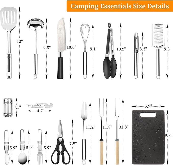 Camping Cooking Utensils Set, Stainless Steel Grill Tools, Camping BBQ Cookware Gear and Equipment for Travel Tenting RV Van Picnic Portable Kitchen Essentials Accessories