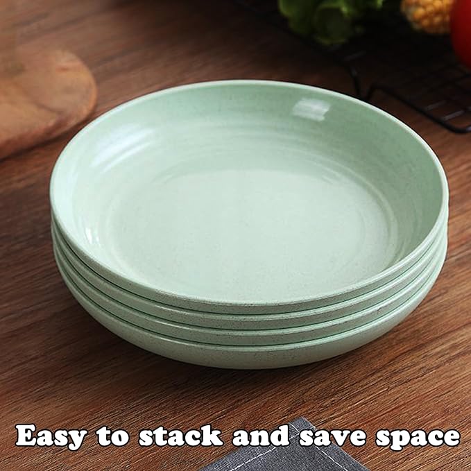 Wheat Straw Plates, Unbreakable Dinner Plates Set of 4, Plastic Plates Reusable, Dishwasher & Microwave Safe, Lightweight Salad Plates for Camping/Kitchen (Green)