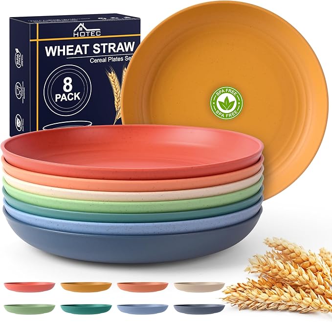 HOTEC 8-Pack 9inch BPA Free Unbreakable Deep Dinner Plates, Wheat Straw Plastic Plates Dishwasher Safe Kitchen Plates Dinnerware, Multicolor