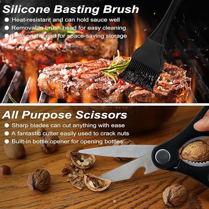 POLIGO 29 PCS BBQ Grill Accessories Stainless Steel BBQ Tools Grilling Tools Set with Storage Bag for Fathers Day Dads Birthday Presents - Camping Grill Utensils Set Ideal Grilling Gifts for Men Black