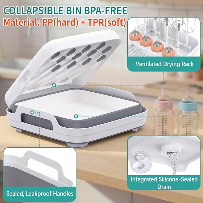 Yecuip Collapsible Wash Basin for Baby Bottles with Drying Rack – 2.4 Gallon Foldable Dish Tub with Handles, Portable RV Camping Sink & Space-Saving Wash Bin with Lid for Kitchen, Travel & Outdoor