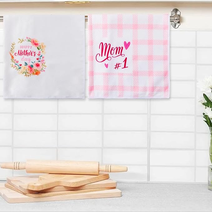 R HORSE 5Pcs Best Mom Kitchen Dish Towel Set Mother Pink Floral Absorbent Drying Dish Tea Towels Bar Hand Dishcloths Kitchen Rag Happy Mother's Day Decor for Bathroom Home Housewarming Supplies