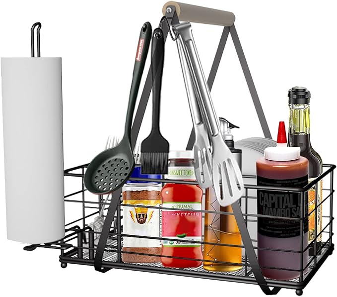 Picnic Caddy BBQ Utensil Caddy for Outdoor Grill Camping for Plate Cutlery CompartmentStorage with 3 Hooks Kitchenn Barbecue Accessories RV Patio Tailgate EssentialsEasy Carry Grilling Gifts for Men