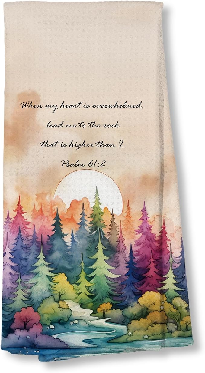 Watercolor Forest Christian Kitchen Towels 16x24,Christian Gifts for Women，Psalm 61:2 Bible Verse Religious Hand Towels for Bathroom Kitchen