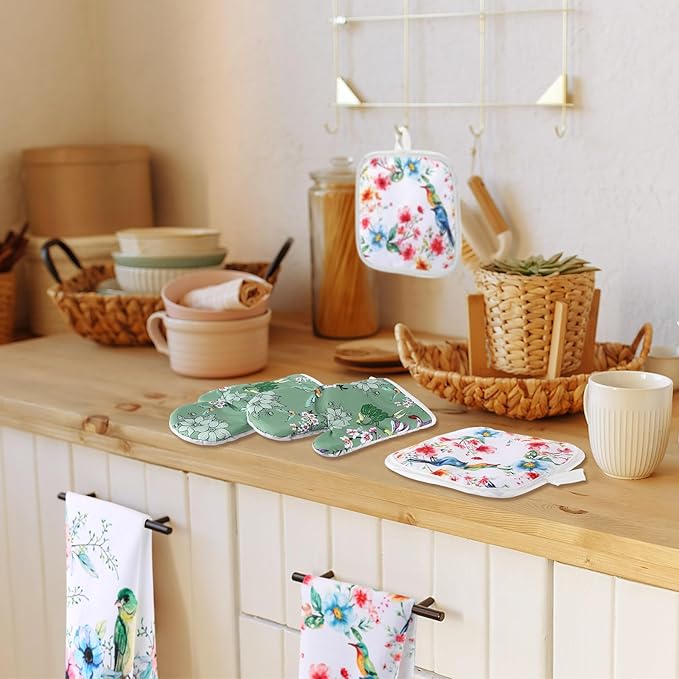 Hahafelt 8 Pcs Birds Kitchen Gift Dish Towel Pot Holder Oven Mitt Set 4 Tent Car Tea Towels with Funny Sayings Novelty 2 Oven Mitts 2 Pot Holders Coffee Accessories Decor for Rv