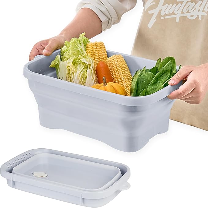 Collapsible Dish Pans, 2Gal (7.5L) Capacity, Plastic Dish Tub Dishpan for Kitchen Sink with Drainage Hole, Foldable Small Wash Basin for Kitchen, Camping, Travel (Light Blue)