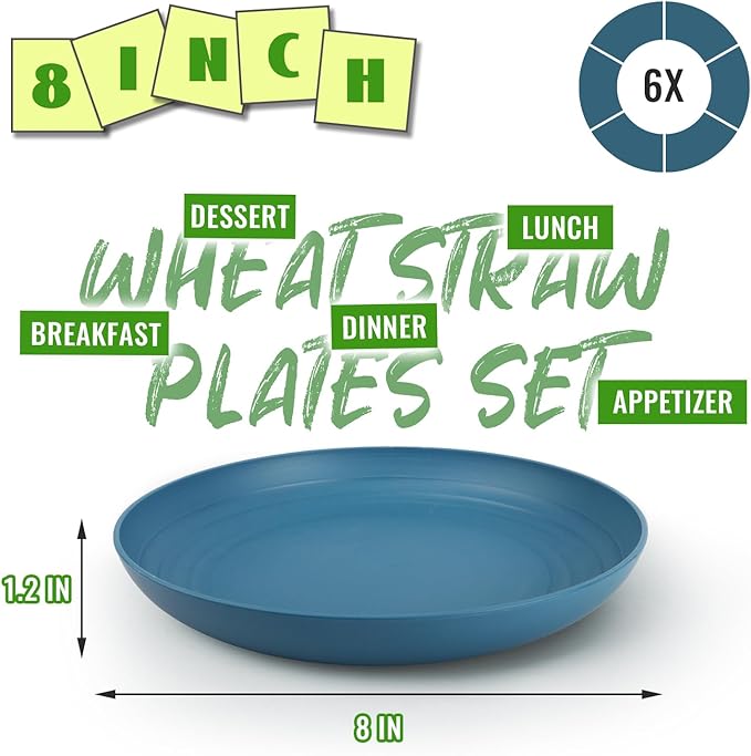 Wheat Straw Salad Plates 8 Inch Set of 6, Unbreakable & Lightweight Dinner Plates, Reusable BPA-Free Plates, Microwave and Dishwasher Safe for Kitchen, Camping, Party, Dark Blue