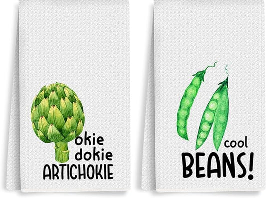 2Pcs Funny Kitchen Towels, Artichoke Beans Vegetable Decor, Hostess Gifts, Dish Towel, Housewarming Gift For Her Women, Wedding Shower Gift, Waffle Weave Hand Towels