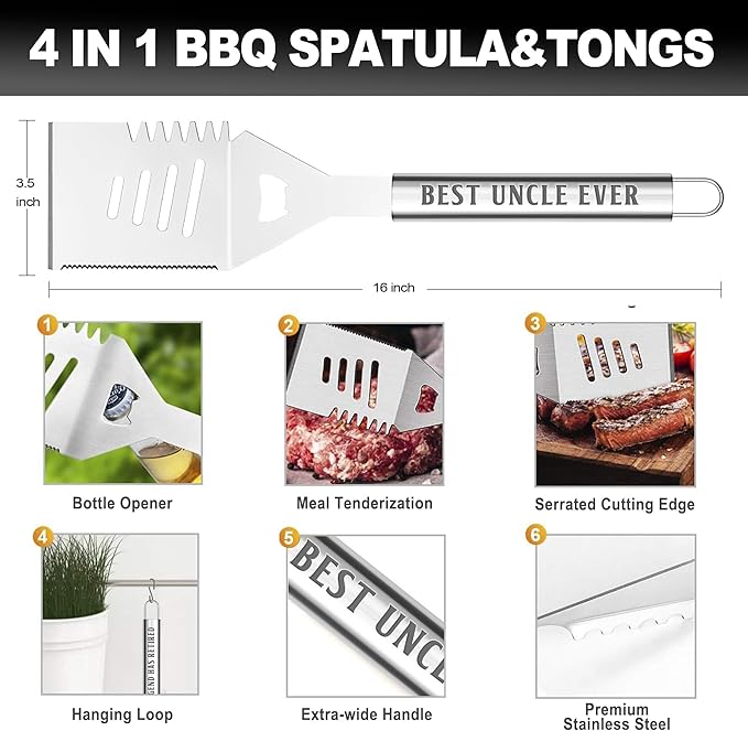Uncle Gifts from Nephew, Gifts for Uncle Christmas, Grilling Accessories, Heavy Duty Stainless Steel Grill Set BBQ Grill Tools for Outdoor Grill with Aluminum Case, Camping Grill Utensils Set
