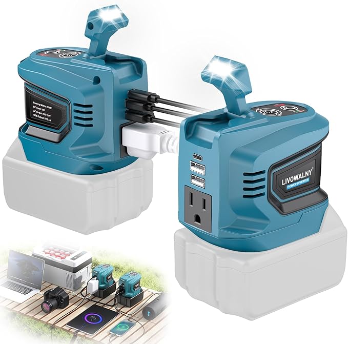 LIVOWALNY 200W Power Inverter Compatible with Makita 18V Battery, DC 18V to AC 110-120V Power Station with 1 AC Outlet, 2 USB, 1 Type-C & LED Light, for Camping Power Outage (No Battery) (2-Pack)