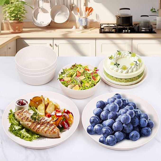 EI 12pcs Wheat Straw Dinnerware Set of 4,Reusable Plastic Plates,Unbreakable Dinner Plates,Deep Dinner Hard Premium Plastic Plate,Microwave Dishwasher Safe for Camping,Picninc,Family Dinner