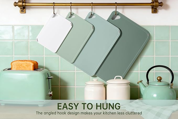 THETCHRY Plastic Cutting Board Set of 4, Extra Large Cutting Board for Kitchen with Non-Slip, Large -Small Chopping Board for Cooking, Bpa Free, with Grip Handle,Green