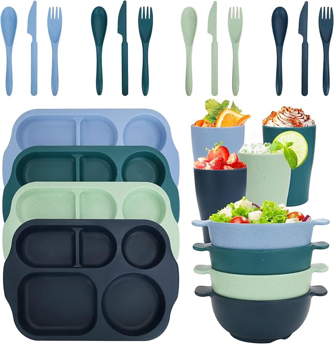Unbreakable Dinnerware Sets for 4 People,24pcs Divided Plates and Bowls, Reusable Dinnerware Plastic Plates, Cups, Bowls, Cutlery Set for School Party, Camping, Home, Office