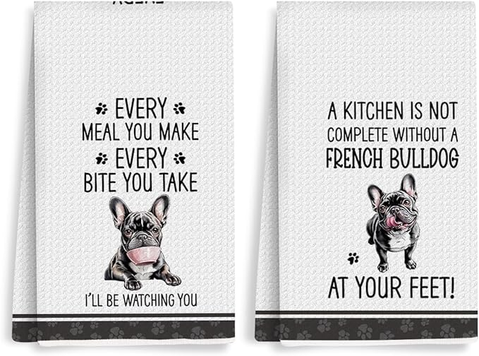 2Pcs Funny French Bulldog Dish Towels, Funny Frenchie Waffle Weave Kitchen Towels, French Bulldog Decorative Hand Tea Towels for Bathroom Kitchen Gifts for Women Dog Lovers