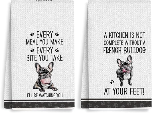 2Pcs Funny French Bulldog Dish Towels, Funny Frenchie Waffle Weave Kitchen Towels, French Bulldog Decorative Hand Tea Towels for Bathroom Kitchen Gifts for Women Dog Lovers