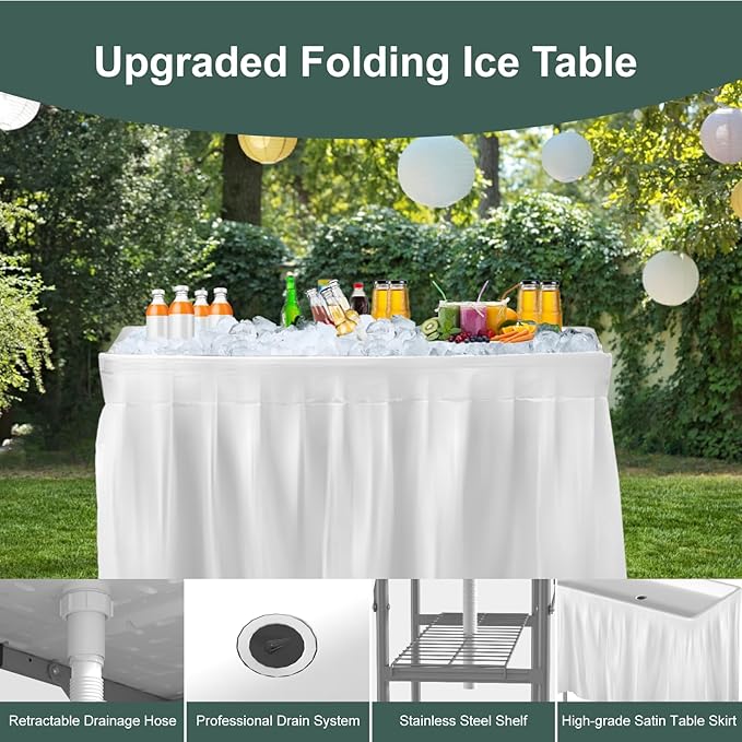 4 Foot Ice Cooler Table, Outdoor Cooler Table with Removable Matching Skirt and Shelf, Folding Ice Tables for Party, BBQ, Camping, Picnic, Fishing Cleaning Tables