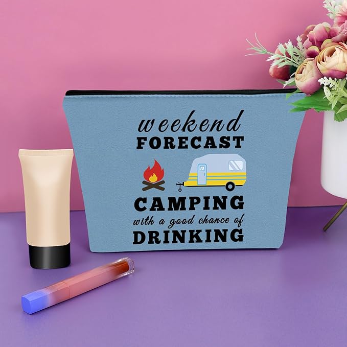 Funny Camping Gifts for Women Blue Makeup Bag Happy Camper Retirement Gifts Camping Themed Gifts for Adults Cosmetic Bag Camper Accessories for Travel Trailers Birthday Christmas Graduation Gift
