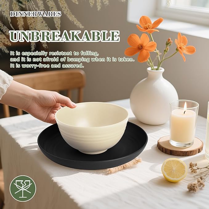 Wrova Wheat Straw Dinnerware Sets for 4, 20-Piece Reusable Kids Plates and Bowls Sets with Flatwares, Unbreakable Bowls and Plates Sets with Cups, Microwave Safe Dishes Set for Kitchen. Black & Grey